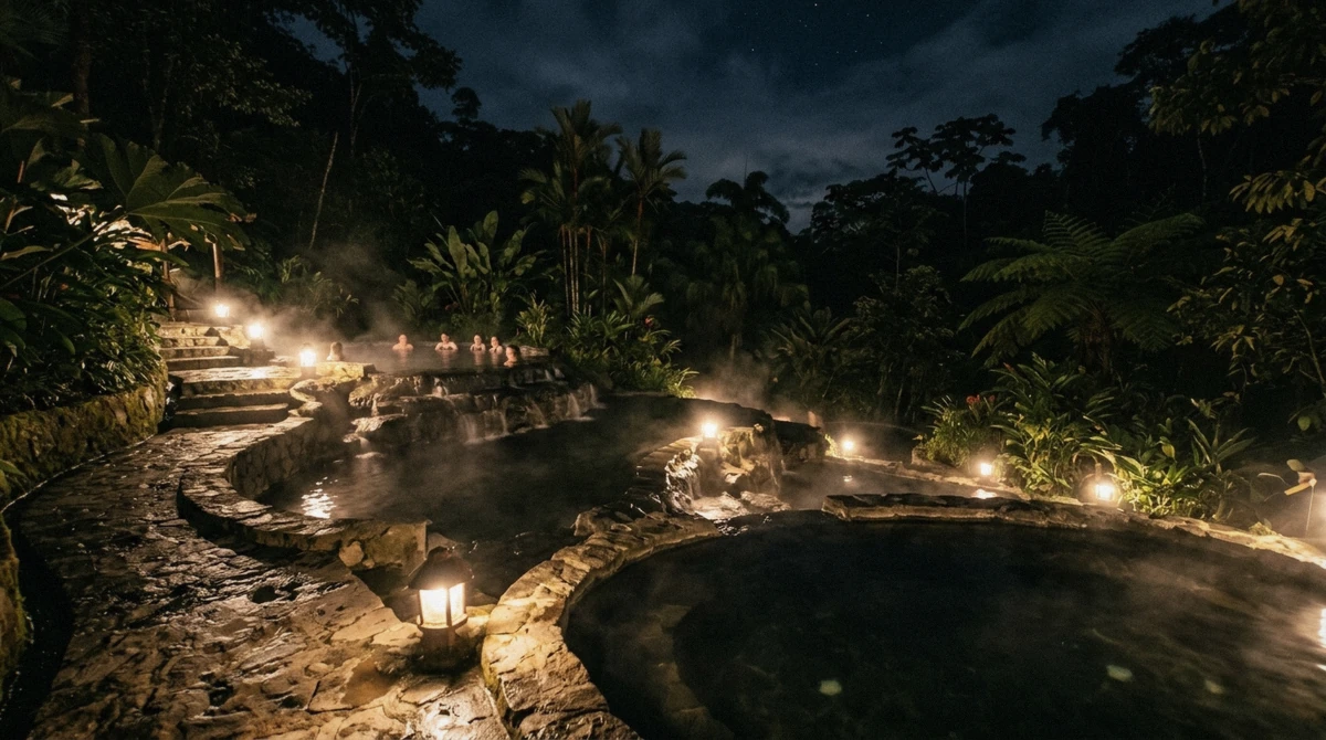 Terraced thermal pools at night in the rainforest at a La Fortuna hot springs, Costa Rica